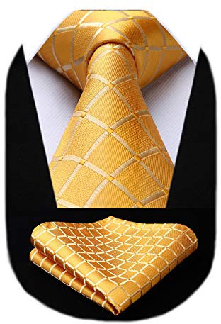 HISDERN Herren Krawatte Gelb Formelle Klassische Karierte Krawatten mit Einstecktuch Hochzeit Herrenkrawatte und Taschentuch Set für Männer