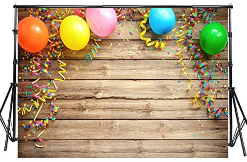 Sensfun 2.1x1.5 m Holz-Fotografie-Hintergründe, Bunte Karneval-Ballons, Luftschlangen auf rustikalem Holzbrett, Fotokabine, Banner Fotostudio-Requisiten (WP045)