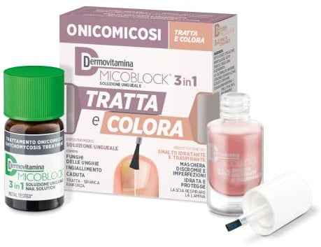 Dermovitamina Micoblock 3in1 Onicomicosi - Soluzione Ungueale Micosi + Smalto Curativo Nude - Tratta e Colora - Smalto Rinforzante Unghie Fragili - Antimicotico Unghie e Piedi - 7 ml + 5 ml