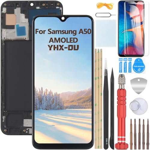 YHX-OU 6.4 Schwarz+Rahmen AMOLED Display für Samsung Galaxy A50 SM-A505F SM-A505U LCD Display Touchscreen Ersatz Bildschirm(Support Fingerprint) mit Werkzeug+ 1 Stück Schutzfolie