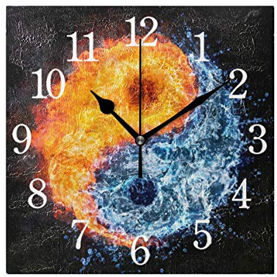 BKEOY Wanduhr, Vintage-Stil, mit Malerei, Oberfläche Yin Yang, Feuerwasseruhr, quadratisch, geräuschlos, Nicht tickend, Heimdekoration