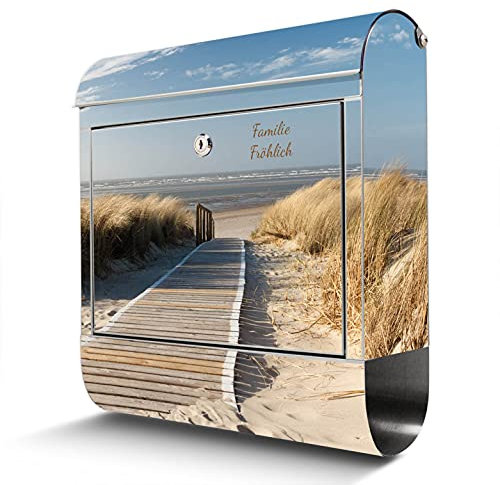 banjado® Briefkasten Edelstahl personalisiert mit Motiv Dünen 38x43x12cm & 2 Schlüssel - rostfreier Edelstahl Briefkasten mit Zeitungsfach - Postkasten A4 Einwurf inkl. Montagematerial
