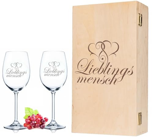 GRAVURZEILE Leonardo Weingläser mit Gravur - Lieblingsmensch - Geschenk zum Geburtstag & Valentinstag - inkl. gravierter Vintage Holzkiste - Geschenkidee für wahre Lieblingsmenschen