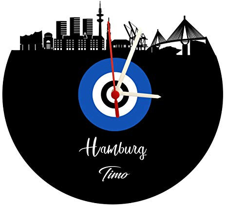 bigcopy e.K. personalisierte Wanduhr Hamburg Skyline, blau-weiß, personalisiert mit eigenem Wunschnamen Fußballuhr, hochwertige Acryllglasuhr mit Quarzwerk