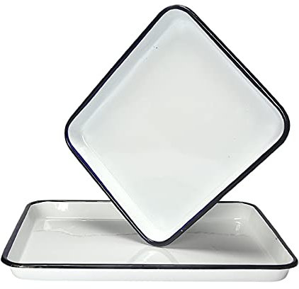 1 x handgefertigtes Vintage-Tablett, weiße Emaille, Backblech, quadratisch, Retro-Teller (25 x 30 x 3,5 cm).