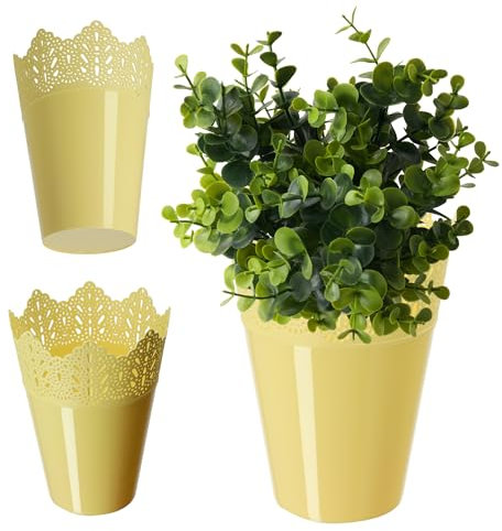 KADAX Pot de fleurs en dentelle en plastique 9 couleurs avec motif dentelle - Protection pour pot de fleurs - Pour bureau, pot de jardin, jardinière, pot de fleurs (ø 12 cm, haut, jaune)