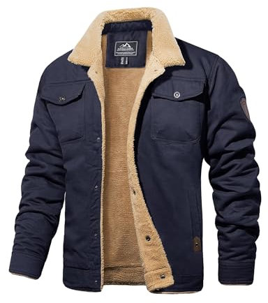 MAGCOMSEN Veste d'hiver en polaire pour homme - Veste d'aviateur militaire - Coupe-vent - Col montant - Veste doublée chaude avec 5 poches, bleu foncé, S