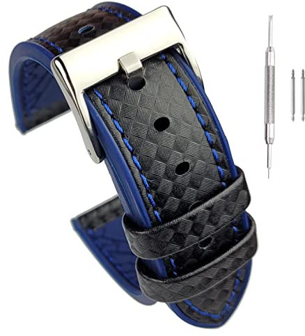 Buckle & Stitch Bracelet de montre en fibre de carbone – Cuir hybride en silicone – 20 mm 22 mm – Noir, orange, bleu – Barres à ressort et outils inclus, 20 mm