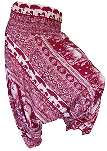 PANASIAM Aladinhose Chang Unisex - 2in1 - als Haremshose & Jumpsuit tragbar | Yogahose mit breitem Gummibund für bequemen Sitz, Elefanten Designs, GOA Hose Boho Style, Pumphose Damen, aus 100% Viskose