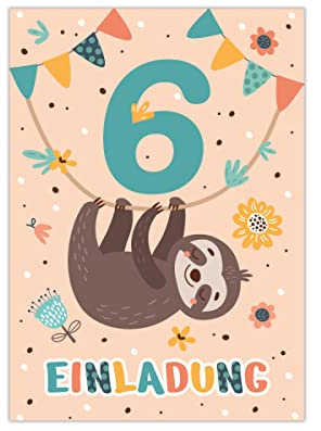 12 Einladungskarten zum 6. Kindergeburtstag Einladung zum sechsten Geburtstag Mädchen Jungen Faultier