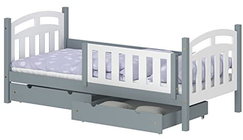 WNM Group Kinderbett mit Rausfallschutz Suzie - Jugenbett aus Massivholz - Bett mit 2 Schubladen für Mädchen und Jungen - Funktionsbett 180x90 cm - Grau