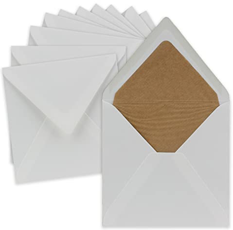 50x Vintage-Umschläge quadratisch in Naturweiss mit Seidenfutter in Kraftpapier braun - nachhaltig - 15,5 x 15,5 cm - Nassklebung Spitzklappe - NEUSER PAPIER