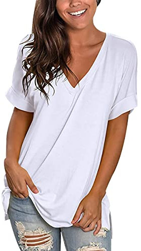 Camisetas Mujer Camiseta Mujer Camisetas Manga Corta Basicas Anchas Amplias Mujer Tallas Grandes Camiseta Manga Corta Cuello Pico Oversize Básica Mujer Escote V Talla Grande T-Shirt Mujer Blanco XL