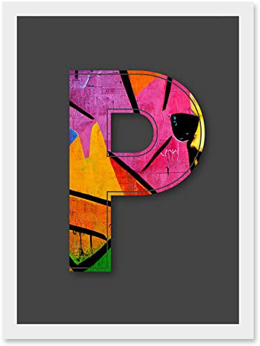 Wee Blue Coo Letter P Neon Multicoloured Abstract Decorative Graffiti Mural Alphabet Initial Stencil Artwork Framed Wall Art Print A4