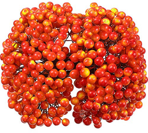BBTO Künstliche Stechpalmen-Weihnachtsbeeren auf Drahtstielen, 250 Stücke mit 500 Stück 8mm Gefälschte Beeren für Weihnachtsbaumschmuck Kranz Basteln Verwendung Hochzeit Party Gastgeschenk (Gelb, Rot)