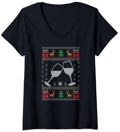 Femme Verres à vin Père Noël vin rouge vin blanc Noël T-Shirt avec Col en V