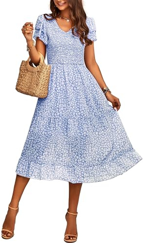 BTFBM Abiti da Donna Casual Estivi Corti con Volant a Maniche a Strati Smock Abiti Midi Bohémien Floreale Scollo a V Abiti Lunghi per Ospiti di Nozze, Blu Floreale., M