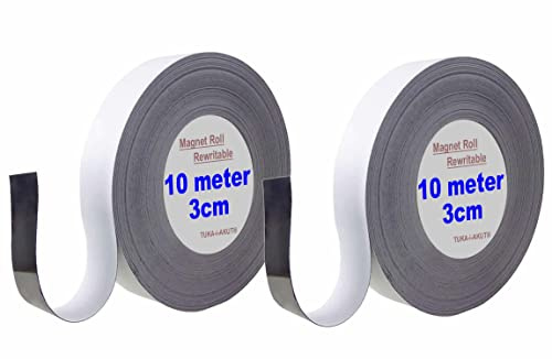 TUKA 20m x 30mm x 1mm Magnetband Wiederbeschreibbar, Kennzeichnungsband für Lagerkennzeichen, Whiteboard, Kühlschrank, Magnettafeln usw. Beschreibbar Abwichbar Zuschneidbar, 2x10m Weiß TKD9046