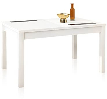 duehome | Mesa Comedor, Mesa Extensible, Modelo Nuka, Acabado en Color Blanco y Cristal, Medidas: 140-180 cm (Largo) x 90 cm (Ancho) x 75 cm (Alto)