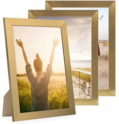 PHOTOLINI Bilderrahmen A4 Holz MDF Gold, breiter DIN A4 Bilderrahmen 3er Set 21x30 gold, Rahmen 21x30 din a 4 mit Acrylglas, picture frame zum Aufhängen & Aufstellen, Bilder Rahmen 30x21 mit Zubehör