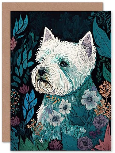 Artery8 West Highland White Terrier Blumen Linolschnitt Geburtstagskarte