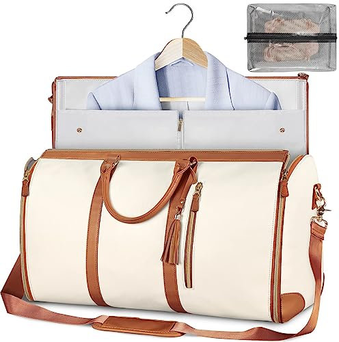 Invaxe Kleidersäcke für Reisen für Damen, Umwandelbarer Handgepäck, Leder, mit Schuhbeutel, 2-in-1 zum Aufhängen, Anzugtasche für Frauen, Duffle-Tasche (Beige)