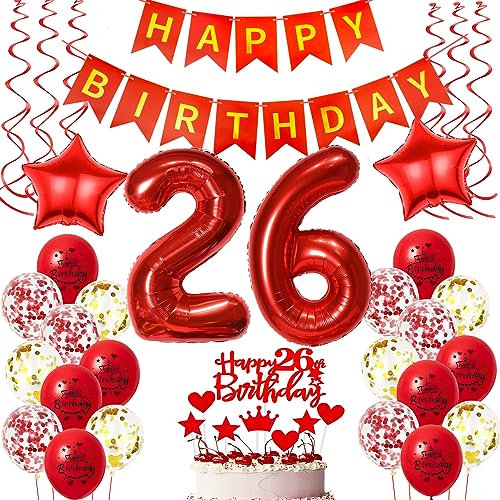 Deko 26. Geburtstag frauen Rot,Geburtstagsdeko 26 jahre frauen Luftballons 26 Geburtstag dekoration Rot,Folienballon 26 Geburtstag deko frauen Rot Tortendeko 26 Geburtstag frau deko rot