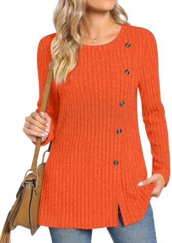 TAOHUADAO Women's Long Sleeve Jumpers CrewNeck Tunic Tops with Button Sides Loose Casual Fall Sweater Shirts for leggings L, Orange