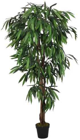 vidaXL Artificial Mango Tree with 300 Leaves - Maintenance-free Green Faux Plant with Wooden Trunk and Plastic Pot for Indoor and Outdoor Deco