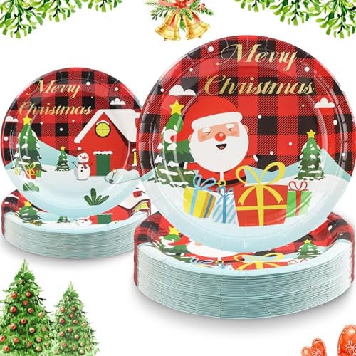 Duocute Vajilla Desechable de Navidad 40 Pieza, 23cm(9inch) and 18cm(7inch) Xmas Papá Noel Búfalo Plaid Fiesta, Platos de Papel para Cena de Navidad-20 Invitados