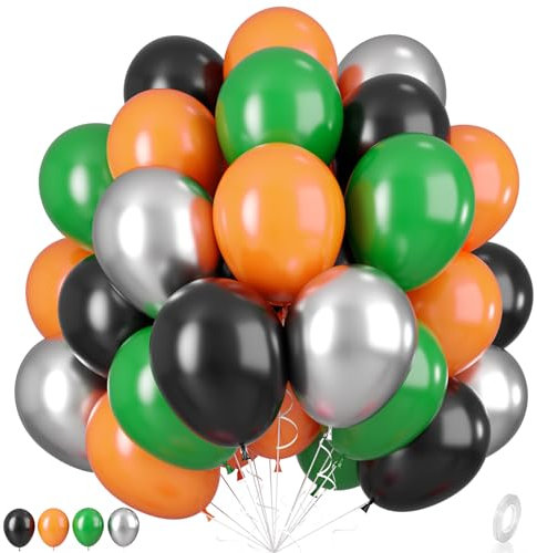 Paready Sport Balloons, 55Pcs Orange Green Party Balloons 12 Inch Black Orange Latex Balloon Metallic Silver Green Black Balloon for Sport Theme Birthday Party Graduation