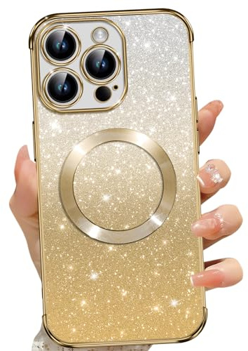Phoona für iPhone 13 Pro Hülle, Magnetisch Handyhülle Kompatibel mit MagSafe, Keine Vergilbung, Kratzfeste, Ganzkörperschutz Glitzer Hülle für iPhone 13 Pro Mit 2 Schutzfolie, Gold
