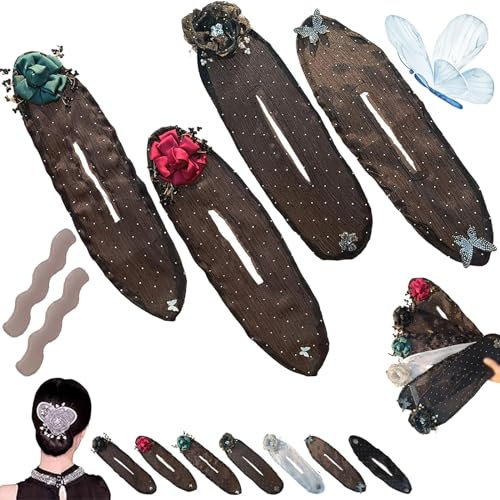 Donubiiu Hand Embroidered Flowers Deft Bun, Lazy Hair Curler Deft Bun Hair Twister, Hairpin Rollers, Fashion Flower Butterfly Fabric Hair Bun Maker For Thin Long Hair (4PCS B)
