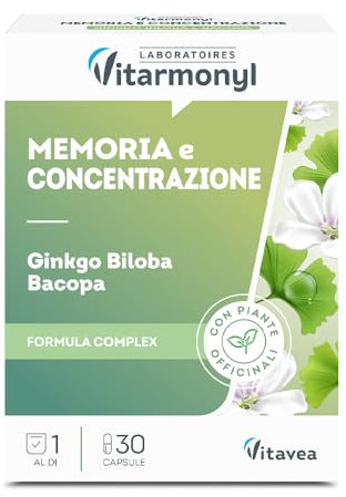 Memoria e Concentrazione - Integratore Alimentare con Ginkgo Biloba e Bacopa - Favorisce la Memoria e la Concentrazione - Benessere Mentale - Antiossidante - 30 capsule - Vitarmonyl