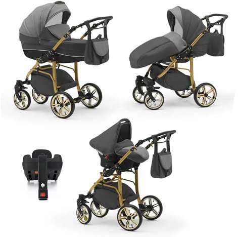 Elcar Kinderwagen-Set 5 in 1 Neo Gold inkl. Sportsitz, Autositz und Iso Base - 17 Teile - in Hellgrau-Grau-Gold