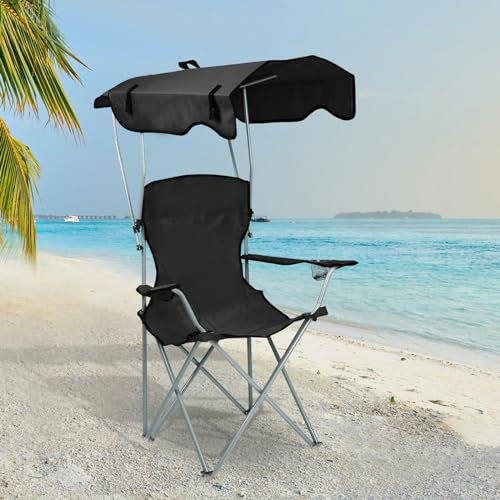 HUOLE - Silla plegable para camping, exterior, con toldo, portavasos y bolsa de transporte, ideal para playa, pesca, barbacoa, pícnic, carga 120 KG-50 x 50 x 90/120 cm, color negro