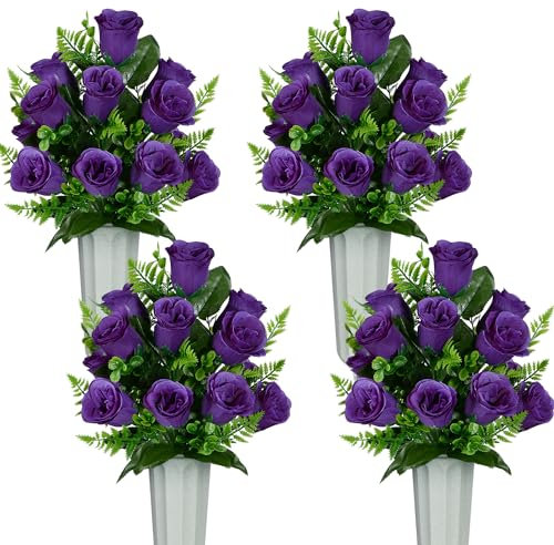 SIFOEL Artificial Cemetery Flowers with Vase, Artificial Rose Bouquet Grave Memorial Flowers for Cemetery Headstones Decoration (Purple-4Pcs)