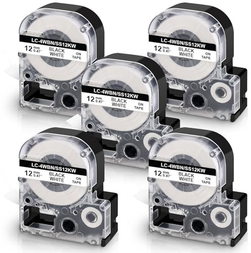 UniPlus 5x Kompatible Schriftband als Ersatz für SS12KW LC-4WBN4 LC-4WBN9 Etikettenband 12mm x 8m, für LabelWorks LW-300 LW-300L LW-400 LW-500 LW-600P LW-700 LW-900P LW-C410, KingJim Tepra Pro