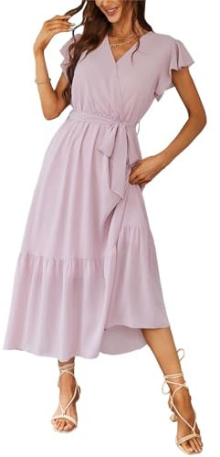 Awemeal Kleid Damen Sommer Elegant V-Ausschnitt Kurzarm Lang Sommerkleid Boho Blumenkleid mit Gürtel Rüschen Saum Wickelkleid Strandkleid A Linie Fließend Maxikleid （S, Rosa）