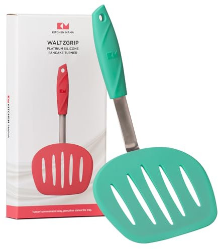 Spatola per pancake in silicone platinico Kitchen Mama WALTZGRIP: Resistente al calore, ampio nucleo in acciaio inossidabile con testa affusolata e scanalata, durevole (Turchese)