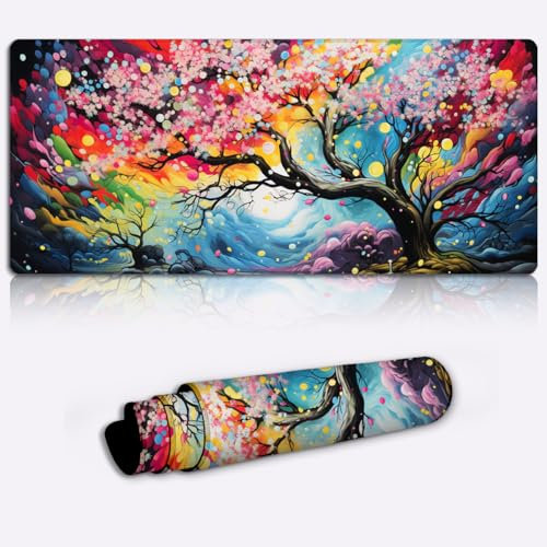 LJSPTU Tapis de Souris pour Clavier et Bureau Motif Fleurs de Cerisier vibrantes Grand Tapis de Souris étendu (60 x 35 x 0,3 cm) pour la Maison, Le Bureau, Le Travail, Les Jeux