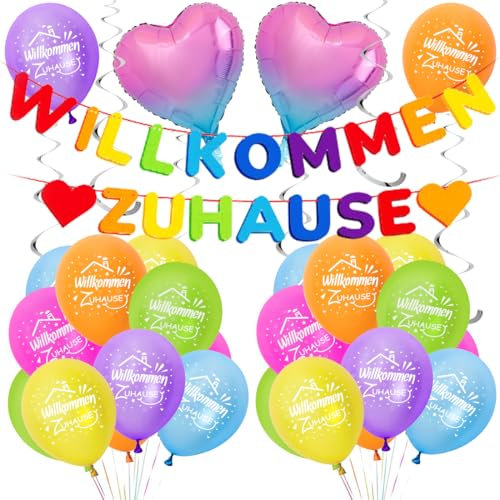 Willkommen Zuhause Deko, Willkommen Zuhause Girlande, Luftballons Bunt, Hängende Wirbel, Folienballon Herz, Welcome Home Dekoration für Babyshower Familienfeiern Einweihung Party