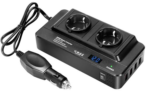 BOWEICORE 200w Inverter 12v 220v, con 2 Prese e 4 USB Caricatore Auto, per Campeggio, Telefoni Cellulari, Laptop Caricatore Auto Accendisigari