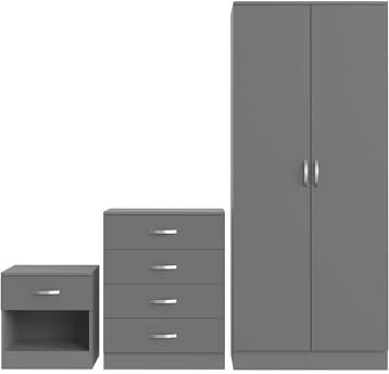Nera Grey Bedroom Furniture Set 3 Piece Set with Wardrobe Chest of Drawer Bedside Table Bedroom Storage