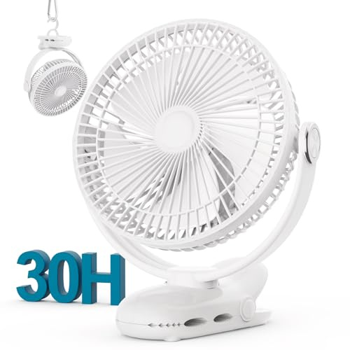 Nuerst 10000mAh 30hrs Rechargeable Clip on Fan, 8 Inch Battery Operated Fan Portable, 4 Speeds, Sturdy Clamp, Quiet USB Fans for Golf Cart Desk Treadmill Camping Truck Outdoor Travel Office, White