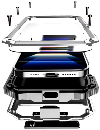 Lunivop Compatible with iPhone 16 Pro max Case Heavy Duty Protection Dustproof Built in Screen Protector Rugged Stand 360 Full Body Military Grade Metal Bumper Phone Cases (Silver 2024)