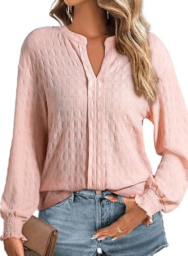 Dokotoo Ladies Tops Long Sleeve V Neck Spring Womens Tunic Top Loose Casual T-Shirts for Women Solid Color Shirt Textured Women's Blouses Shirts Fall Light Pink UK XL