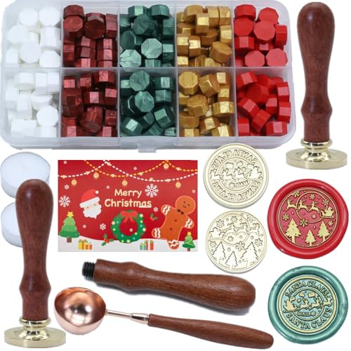 Santa Claus Wax Seal Stamp Kit, ONWINPOR 2Pcs Christmas Sealing Stamp Set with 200Pcs Green Red White Gold Wax Seal Beads, Christmas Tree Elk Waxstamp, Melt Spoon, Gold Pen and Candles