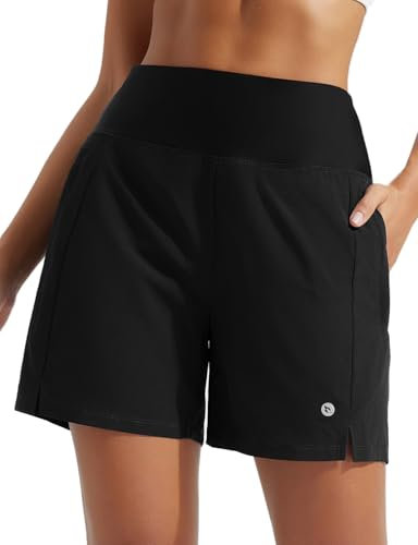 BALEAF Short de bain taille haute pour femme avec fermeture éclair et cordon de serrage 12,7 cm, Noir , L
