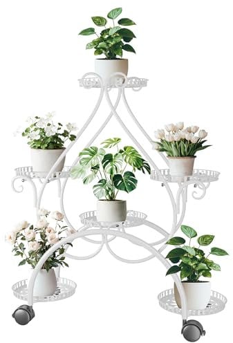 unho Estanteria para Macetas de Metal con Ruedas, Soporte para Plantas Blanco de 6 Niveles en Forma de Corazón Exterior Interior para Salón Balcón Terraza Patio